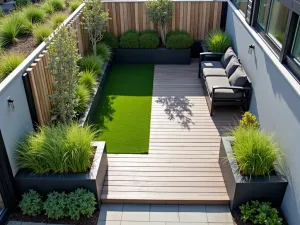 Modern Rooftop Garden - Aerial view of a modern rooftop garden featuring composite decking, built-in planters with tall grasses, and geometric privacy screens