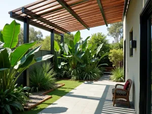 Modern Shade Garden - Contemporary shade garden featuring large-leaved tropical plants under a modern pergola with slatted roof panels