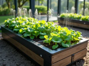 Smart Garden Modules - Modern raised bed system with integrated irrigation and monitoring technology, featuring touch-screen controls and automated plant care, filled with leafy greens