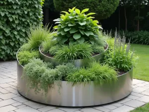 Spiral Metal Garden - Wide shot of a spiral-shaped raised bed made from brushed stainless steel, filled with cascading herbs and trailing plants, creating a modern sculptural feature