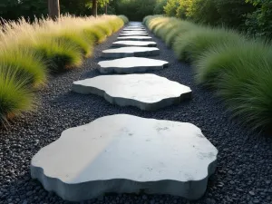 Modern Stepping Stones - Wide-angle view of large irregular-shaped concrete stepping stones floating in a sea of black gravel, lined with architectural grasses