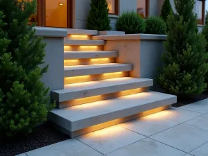 Modernist Stone Steps - Close-up of cantilevered limestone steps with hidden lighting, flanked by sculptural evergreen plants