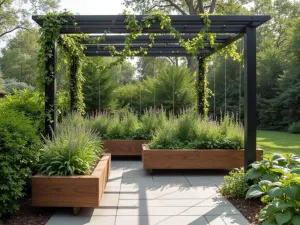 Suspended Garden Boxes - Modern raised beds suspended from steel cables, creating a floating garden effect, planted with trailing herbs and flowers, against a contemporary pergola