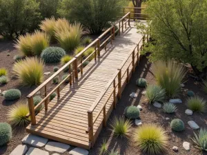 Suspended Walkway - Aerial view of a modern suspended wooden walkway over a drought-tolerant garden with decorative grasses and succulents