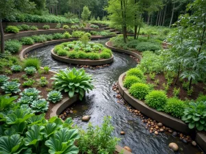 Terraced Metal Gardens - Aerial view of terraced aluminum raised beds following the natural slope, with integrated water features and planted with ornamental vegetables