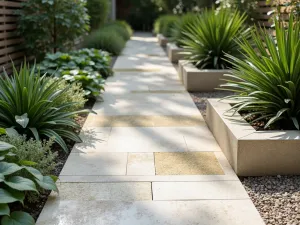 Terrazzo Path - Close-up of a polished terrazzo garden path with brass inlays, bordered by modern concrete planters with architectural plants