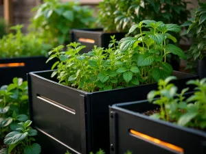 Tiered Metal Garden Boxes - Close-up of black powder-coated metal raised beds in ascending tiers, planted with herbs and vegetables, featuring integrated LED strip lighting