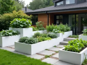 White Modular Raised Gardens - Clean white modular raised beds in varying heights creating a sculptural arrangement, filled with green and purple vegetables, against a contemporary house facade