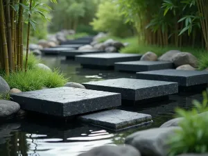 Zen Stepping Stones - Large square black granite stepping stones floating over a shallow water feature, with minimal bamboo landscaping, shot from a low angle