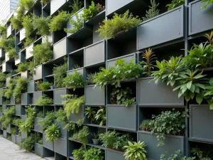 Modular Box Garden Wall - Close-up of a modular wall system made of powder-coated metal boxes in varying sizes, some solid and others containing plants, creating a dynamic composition