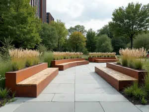 Modular Garden Seating - Wide view of modular concrete and wood bench segments that can be rearranged, surrounded by tall ornamental grasses and corten steel planters