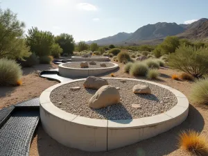 Modular Rock Pods - Wide view of circular concrete pods filled with different types of rocks and gravel, connected by metal walkways and featuring drought-tolerant plants