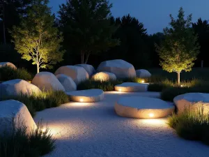 Moonlight Rock Garden - Night scene of a modern rock garden with white limestone boulders and pale plants illuminated by modern LED ground lights, creating dramatic shadows