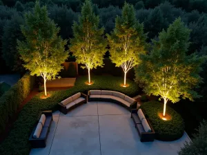 Moonlighting Effect - Aerial view of carefully placed downlights in trees creating natural-looking moonlight effect over modern seating area