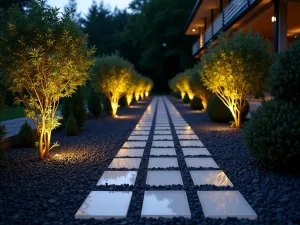 Nighttime Gravel Garden - Evening shot of uplighting through frosted glass pavers set in dark gravel, creating a dramatic modern garden atmosphere