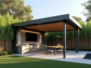 Pergola Entertainment Zone - Modern pergola with retractable roof and sides, featuring outdoor TV mounting, integrated sound system, and modern outdoor kitchen, surrounded by tall bamboo screening, photorealistic