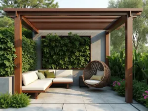 Pergola Reading Nook - Close-up of an intimate modern pergola space with built-in seating, featuring hanging egg chair and vertical garden panels with ferns and trailing plants, photorealistic