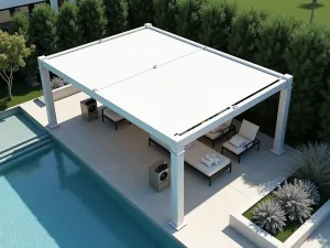 Poolside Modern Pergola - Aerial shot of a sleek white pergola with retractable shade beside an infinity pool, featuring built-in speakers and heating elements, surrounded by deck-level planters with silver foliage, photorealistic