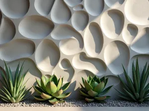 Sculptural Concrete Panels - Close-up of 3D sculptural concrete panels creating an abstract wall pattern, with strategic uplighting and shadow-casting succulents