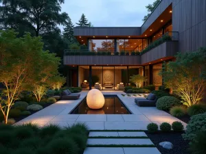 Sculptural Garden Feature - Modern garden featuring a large sculptural feature, surrounded by architectural plants and uplighting, evening atmosphere