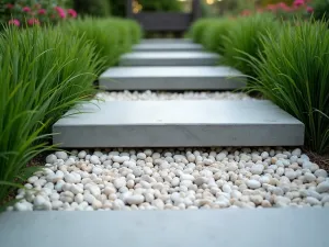 Sculptural Garden Path - Close-up of a modern garden path with floating concrete steps over a bed of white pebbles, flanked by black mondo grass