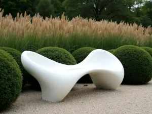 Sculptural Garden Seat - Abstract sculptural bench in white powder-coated aluminum with organic flowing forms, positioned among spherical boxwood and tall miscanthus grass