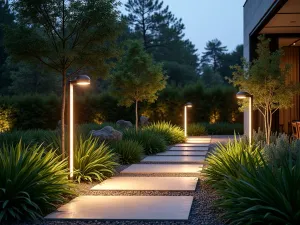 Sculptural Light Installation - Wide-angle shot of modern garden featuring tall, sculptural light poles with adjustable LED spots, creating dramatic shadows among architectural plants