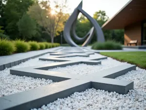 Sculptural Paver Design - Dramatic angular concrete pavers creating a geometric pattern in white gravel, shot from a low angle with modern sculpture in background