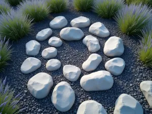 Sculptural Rock Garden - Aerial view of abstract sculptural rocks arranged in a spiral pattern with crushed slate mulch, surrounded by waves of blue oat grass and lavender