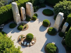 Shadow Play Rock Garden - Aerial view of a modern rock garden designed to cast dramatic shadows, with tall stone monoliths, raked gravel patterns, and carefully placed architectural plants