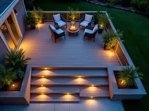 Smart Deck Lighting - Aerial view of modern deck with integrated smart lighting system in steps, seating, and planters, controlled via smartphone