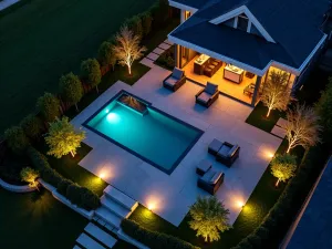 Smart Garden Lighting System - Aerial view of a modern garden with integrated smart lighting system, showing various zones with different colored LED lights, highlighting designated entertainment areas and plant beds