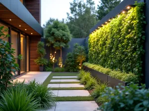 Smart Garden Technology - Modern garden featuring automated irrigation systems, smart lighting, and a living wall with integrated hydroponics