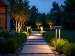 Solar-Powered Path Markers - Modern garden path lined with sleek solar-powered LED markers, photographed at dusk showing sustainable lighting solution