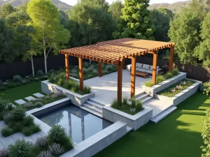 Split-Level Pergola - Aerial view of a two-tiered modern pergola system connecting different garden levels, with integrated planters and geometric water features, photorealistic