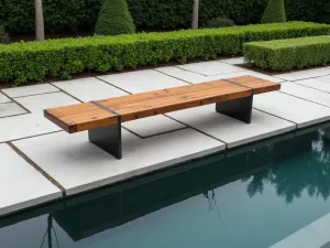 Suspended Garden Seating - Aerial view of a suspended teak and steel bench floating over a reflection pool, surrounded by structured boxwood hedges and minimal concrete pavers