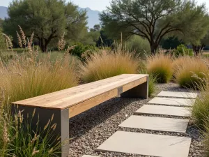 Sustainable Garden Seating - Wide shot of a recycled plastic and bamboo composite bench in earth tones, surrounded by native grasses and drought-resistant plants