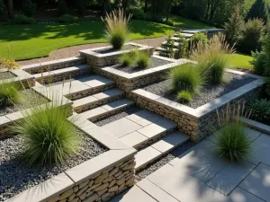 Terraced Gabion Wall Garden - Aerial view of a terraced garden with modern gabion walls filled with local stone, integrated with steel planters containing ornamental grasses