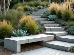 Terraced Garden Bench - Modern concrete bench following terraced garden levels, with architectural succulents and grasses creating a rhythmic pattern