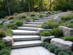 Terraced Rock Steps - Wide shot of modern cantilevered concrete steps integrated with rock gardens, featuring sempervivum clusters and creeping thyme between geometric stone arrangements