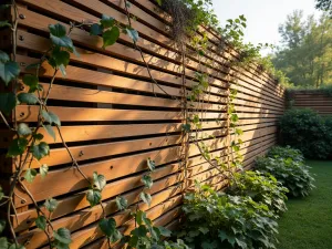 Timber Slat Privacy Screen - Wide angle view of a modern horizontal timber slat wall with varying gaps creating a rhythm of light and shadow, climbers beginning to weave through