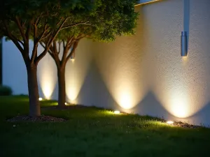 Underground Uplighting - Close-up of flush-mounted ground lights illuminating a specimen tree from below, creating dramatic shadows on a white rendered wall