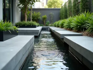 Urban Pocket Garden - Close-up of a modern small urban garden with built-in concrete seating, minimalist water channel, and architectural plants in black planters