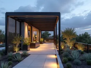 Urban Rooftop Pergola - Wide angle view of a modern rooftop pergola with glass wind breaks and metal mesh screens, featuring container gardens with drought-resistant plants and built-in lighting, photorealistic