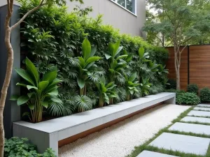 Vertical Garden Gravel - Modern vertical garden wall with integrated concrete seating, surrounded by precisely laid white gravel and geometric pavers