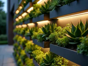 Vertical Garden Wall Design - Close-up of a sleek modern vertical garden wall with integrated LED lighting, featuring succulent plants in metallic modular planters, evening atmosphere, architectural photography