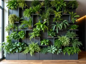 Vertical Garden Wall - Wide-angle shot of a striking modern vertical garden wall with geometric planting pockets, featuring various ferns and air plants in a modular design