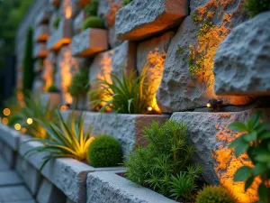 Vertical Rock Wall Garden - Close-up of a modern vertical rock wall with built-in planters, featuring cascading sedums and air plants growing between angular limestone blocks, dramatic evening lighting