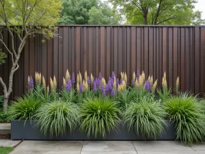 Vertical Steel Panel Garden Wall - Aerial view of a weathered steel panel garden wall with vertical slats, featuring integrated planters filled with ornamental grasses and purple salvias