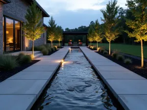 Water Feature Paving - Modern water channel running through large format concrete pavers, with LED lighting and black gravel margins. Photographed at twilight